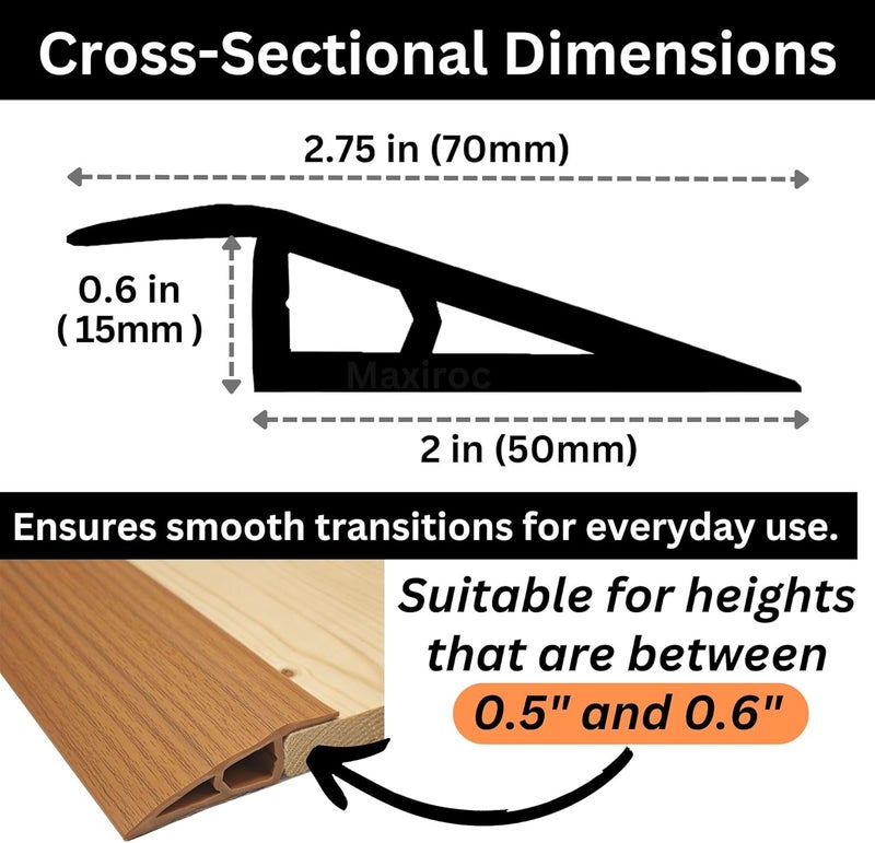 Maxiroc 1/2" to 3/5" Height Threshold Ramp - Rubber Threshold, Floor Transition Strip, Door Strip, Wheelchair Ramp, Carpet to Tile Strip (Light Brown Coffee, 80 inches) - Image 2